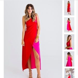 NWOT Karlie Red/Pink Colorblock One Shoulder Dress